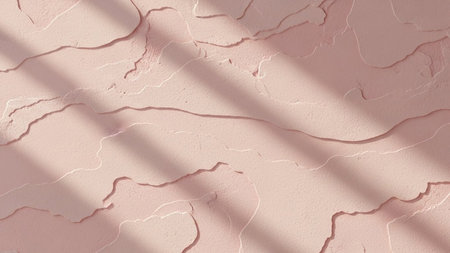 Textured pastel pink wall with organic wavy lines and soft dappled sunlight casting gentle shadows across the uneven...の写真素材