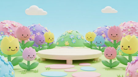 With showing whimsical 3d cartoon garden scene with smiling tulip characters and fluffy clouds on a bright blue sky...の写真素材