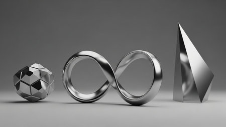 A polished silver infinity symbol, a faceted sphere, and a sharp pyramid stand in a row on a smooth gray studio surface.の写真素材