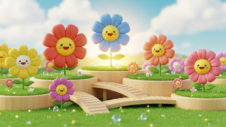 A cheerful 3D rendered garden filled with smiling cartoon flower characters of various colors arranged on wooden...の写真素材