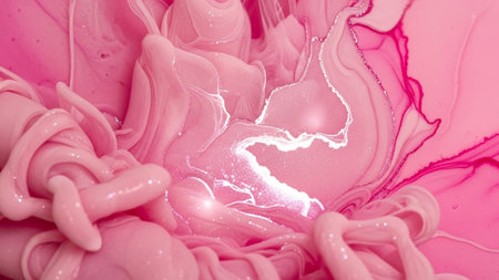 With showing vibrant pink fluid with swirling organic shapes and pearlescent highlights. resolutionの写真素材