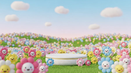 A whimsical 3D rendered field of cute, smiling cartoon flowers in pastel colors surrounds a white and gold display...の写真素材