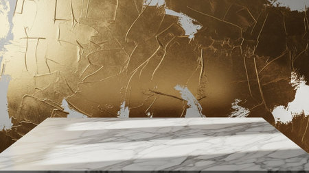 With showing textured golden wall and marble surface with dramatic shadows for product showcase. resolution...の写真素材
