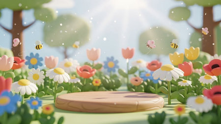 With showing whimsical 3d cartoon spring meadow with wooden display stand and blooming flowers. resolution...の写真素材