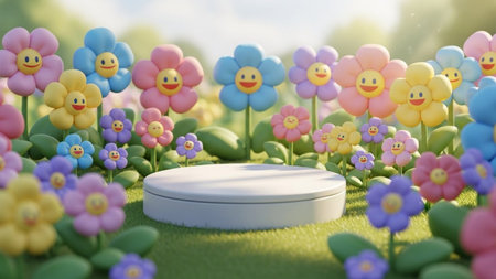 With showing whimsical 3d rendered scene with a white podium surrounded by cheerful cartoon flowers with smiley...の写真素材