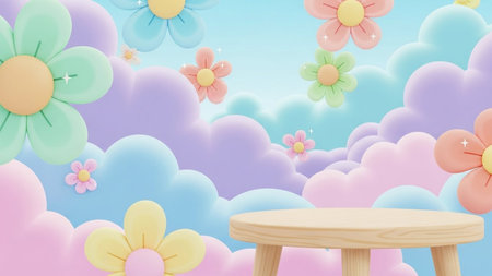 A whimsical 3D scene with pastel clouds and colorful flowers, featuring a wooden display pedestal against a bright...の写真素材