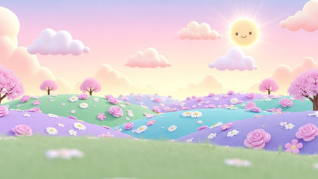 A whimsical cartoon landscape rolling pastel hills dotted with pink flowers, cherry blossom trees, a smiling sun,...の写真素材