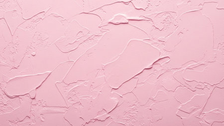 A close-up view of a textured pastel pink plaster surface with thick visible trowel marks and shadows.の写真素材