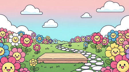 Outdoor showing whimsical cartoon garden pathway with smiling flowers and wooden display platform keywords: cartoon,...の写真素材