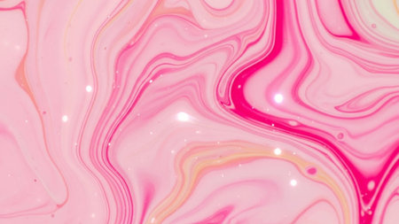 Vibrant pink and white marble texture with fluid swirling patterns and subtle sparkling glitter highlights.の写真素材