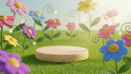 Wooden whimsical 3d render of a wooden display stand surrounded by smiling cartoon flowers and butterflies.の写真素材