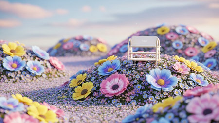 Whimsical 3D rendered landscape of rolling hills covered in vibrant colorful flowers with a small white structure.の写真素材