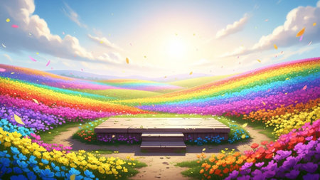 A wooden stage sits in a vibrant rainbow flower field under a bright, sunny sky with clouds and falling confetti.の写真素材