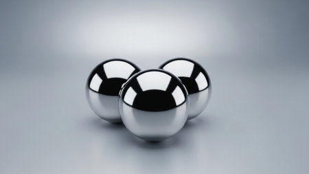 Three highly polished chrome spheres are arranged closely together on a smooth gray reflective surface.の写真素材