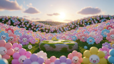 A vibrant 3D rendered landscape filled with smiling pastel cartoon flowers and a mossy stone pedestal under a bright...の写真素材