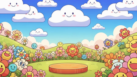 A cheerful cartoon landscape smiling flowers and happy clouds under a bright blue sky, with a wooden podium in a...の写真素材