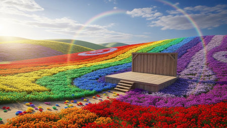 A landscape featuring a vibrant rainbow-colored flower field with a wooden stage under a bright, sunlit sky.の写真素材