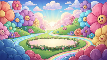 A vibrant cartoon landscape featuring smiling flowers, rolling green hills, a rainbow-colored river, and fluffy...の写真素材