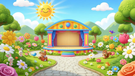 A vibrant cartoon garden with a colorful stage, smiling sun, and cute animals amidst flowers and trees.の写真素材