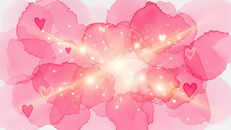 Vibrant pink watercolor splashes blend with sparkling lights and small hearts, creating a soft, luminous, and...の写真素材