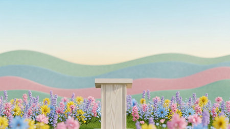 Wooden showing whimsical pastel landscape with wooden podium and colorful wildflowers. resolutionの写真素材