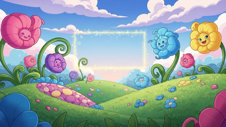 A vibrant cartoon landscape smiling flowers on green hills under a blue sky with fluffy clouds and a sparkling...の写真素材