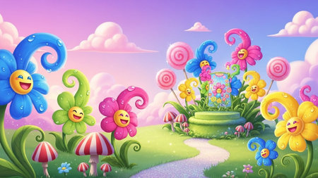 A vibrant cartoon garden filled with smiling flowers, colorful lollipops, and striped mushrooms under a pastel sky...の写真素材