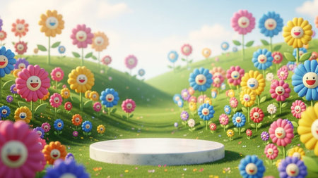 With showing whimsical 3d render of a sunny meadow with happy cartoon flowers and a white marble display pedestal....の写真素材