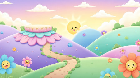 A whimsical cartoon landscape featuring rolling hills, smiling flowers, a winking sun, and a winding path under a...の写真素材