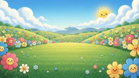 A whimsical cartoon landscape rolling green hills dotted with smiling flowers under a bright blue sky filled with...の写真素材