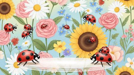 A vibrant garden featuring ladybugs, sunflowers, daisies, and roses around a clear glass podium.の写真素材