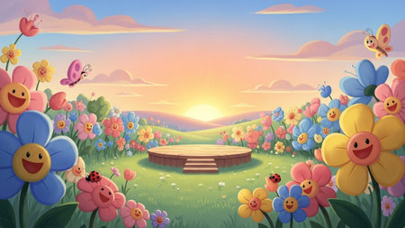 A vibrant cartoon meadow filled with smiling flowers, butterflies, and ladybugs, with a wooden stage at sunrise.の写真素材