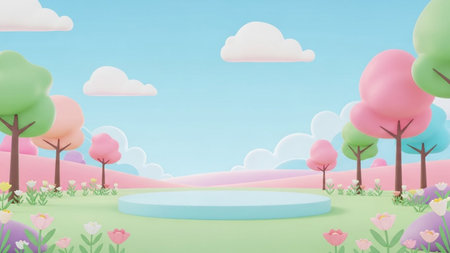 A whimsical 3D rendered pastel landscape featuring rolling hills, stylized trees, clouds, and a circular podium on a...の写真素材
