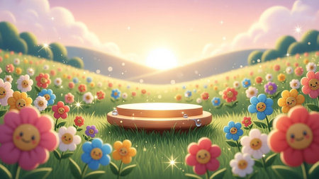 A vibrant cartoon meadow with smiling flowers and rolling hills under a bright sunrise, featuring a wooden display...の写真素材