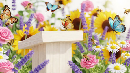 A wooden podium stands amidst a vibrant garden filled with blooming flowers, butterflies, and bees, creating a...の写真素材