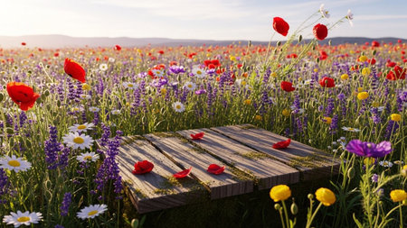 A rustic wooden platform sits amidst a sun-drenched meadow bursting with colorful wildflowers like poppies and daisies.の写真素材