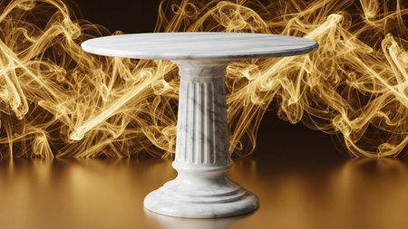 Surface showing white marble pedestal table with swirling golden smoke abstract background and reflective surface....の写真素材
