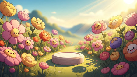 A cheerful cartoon flower meadow with smiling blooms and a wooden podium is bathed in bright sunlight under a blue sky.の写真素材