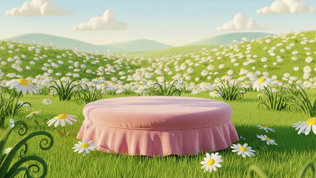A pink cushioned stool sits on a bright green meadow dotted with white daisies under a blue sky with clouds.の写真素材