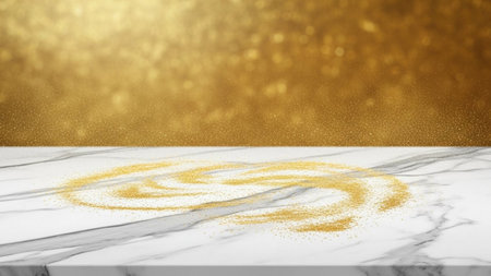 A white marble surface a swirling pattern of gold glitter, set against a soft, blurred background of golden bokeh...の写真素材