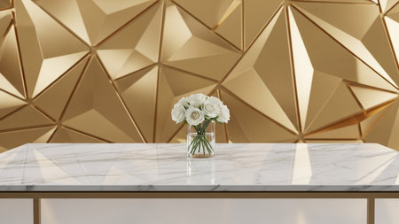 A vase of delicate white roses rests on a polished marble table before a gold geometric textured wall.の写真素材