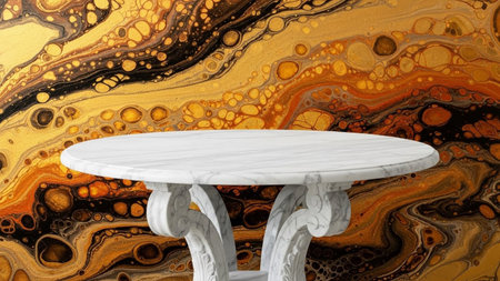 A white marble pedestal table with intricate carvings stands before a dynamic abstract background of swirling gold...の写真素材