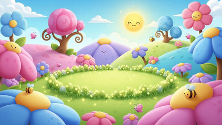A whimsical cartoon landscape a smiling sun, giant colorful flowers, happy bees, and butterflies in a vibrant meadow.の写真素材