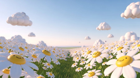 A whimsical field of white daisies with smiling faces under a bright blue sky with fluffy, cartoon-like clouds.の写真素材
