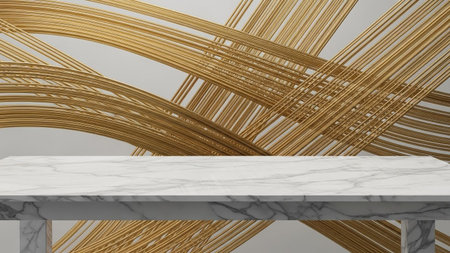 150746 showing white marble tabletop with visible veins in the foreground against a background of abstract golden...の写真素材