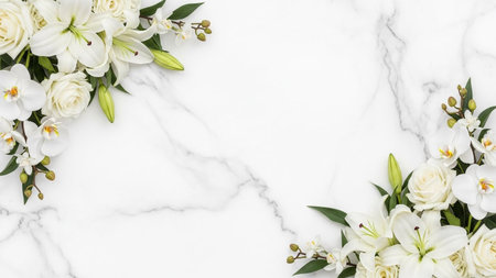 Delicate white roses, lilies, and orchids are arranged in corners against a white marble background with subtle veining.の写真素材