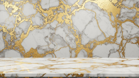 With showing white marble surface with gold veins and a polished stone countertop for product display.の写真素材
