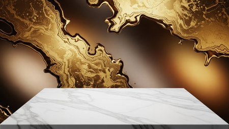 A white marble countertop with subtle gray veins is positioned against a abstract background of swirling gold and...の写真素材