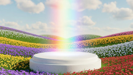 A white display pedestal is set in a rolling landscape of colorful flowers, illuminated by a bright rainbow light...の写真素材