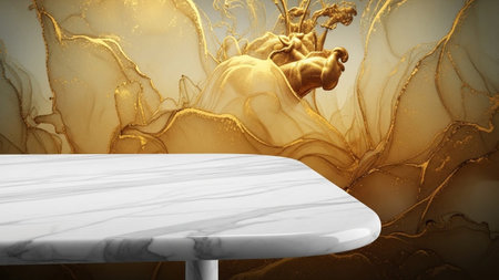 A white marble table surface with subtle grey veins occupies the foreground, set against a dynamic abstract...の写真素材